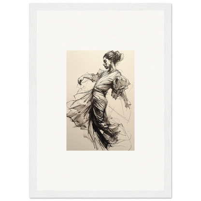 Elegant black and white sketch of a dancer in flowing dress, Whirling Midnight Form framed wall art