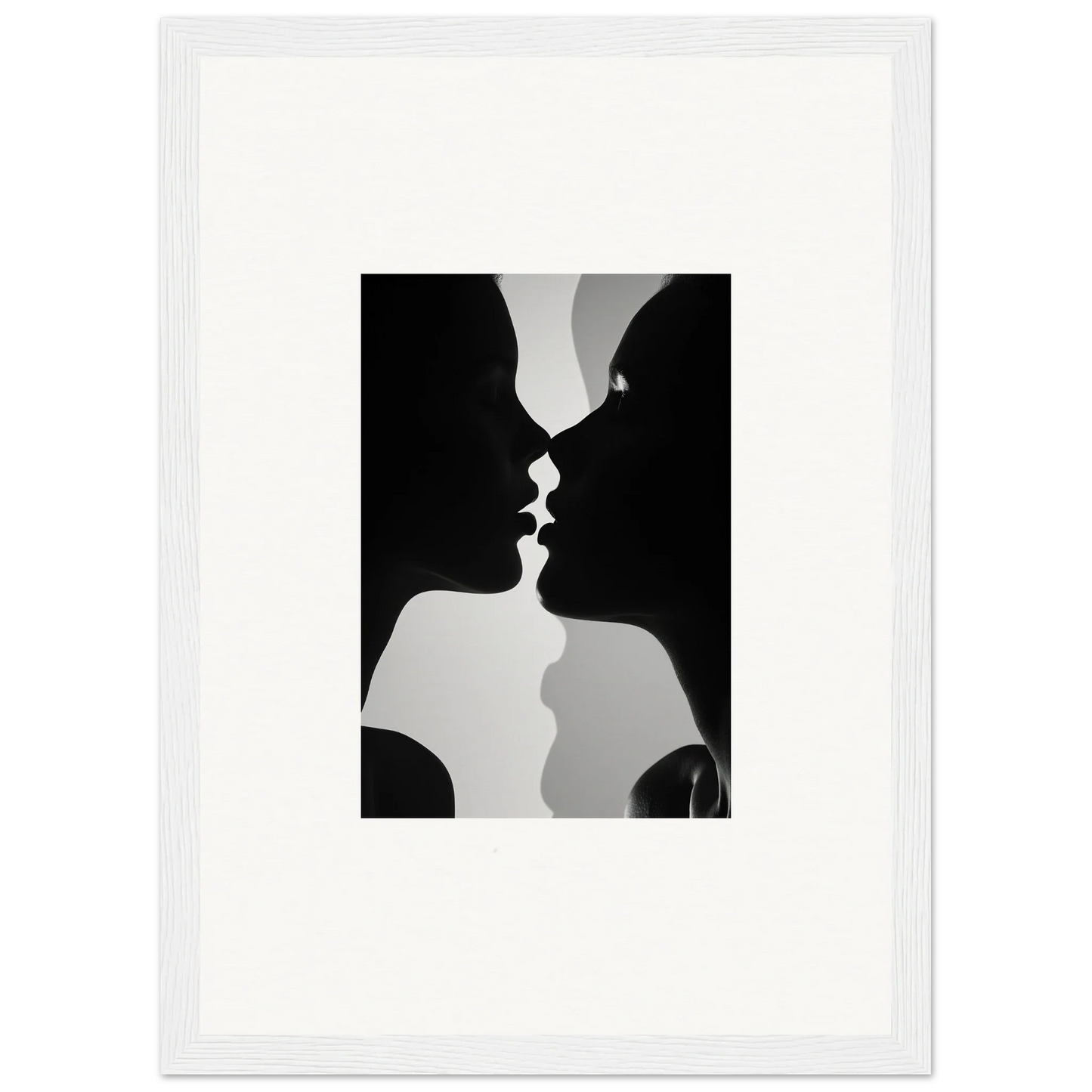 Black and white silhouette of two profiles about to kiss in Nouveau Love Symphony art