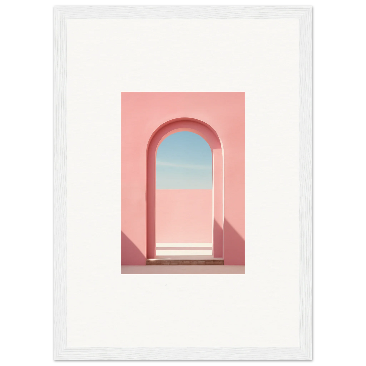 Pink arched doorway opens to blue sky in Echo of Horizons framed wall art