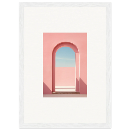 Pink arched doorway opens to blue sky in Echo of Horizons framed wall art