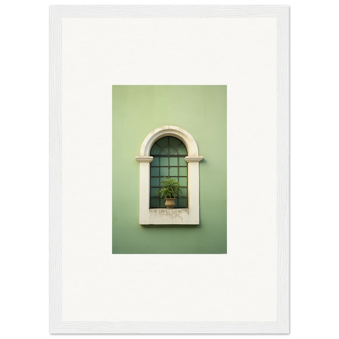 Arched window with white trim and gridded panes in Eggshell PandæmonIA Bliss art