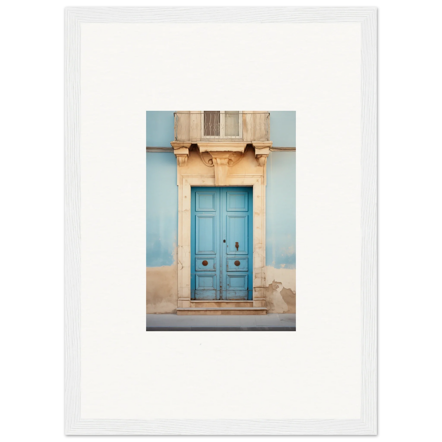 Light blue wooden door with ornate stone trim for the Ephemeral Dreamscape Doorway