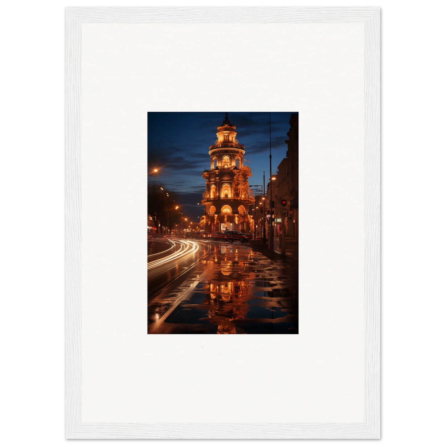 Luminous Neo’ici Dops framed wall art of church tower reflection in rainy night street