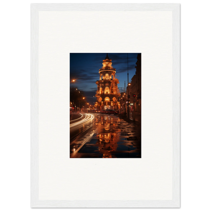 Luminous Neo’ici Dops framed wall art of church tower reflection in rainy night street