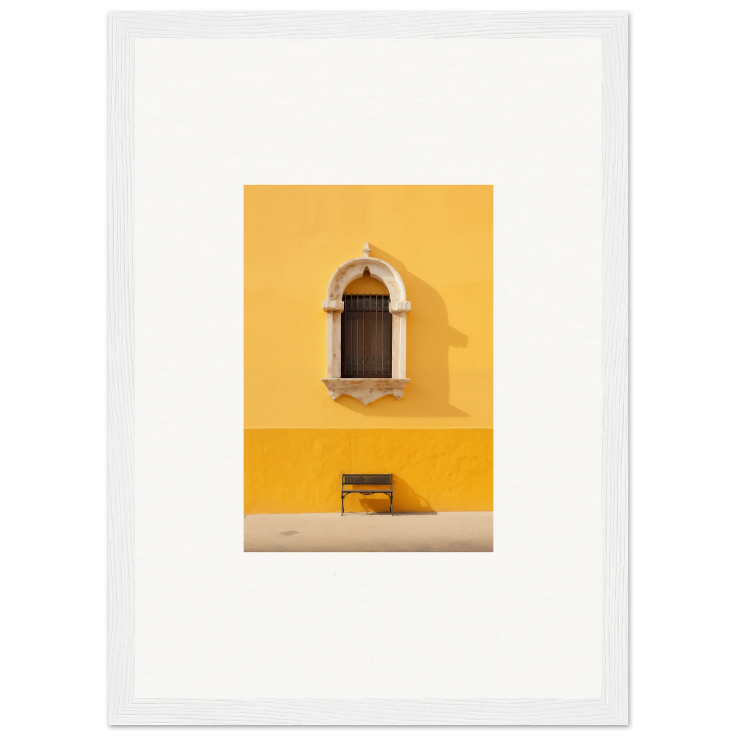 Wooden arched window on yellow wall above bench in Gapes of Gargoyles special edition art