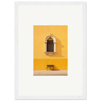 Wooden arched window on yellow wall above bench in Gapes of Gargoyles special edition art