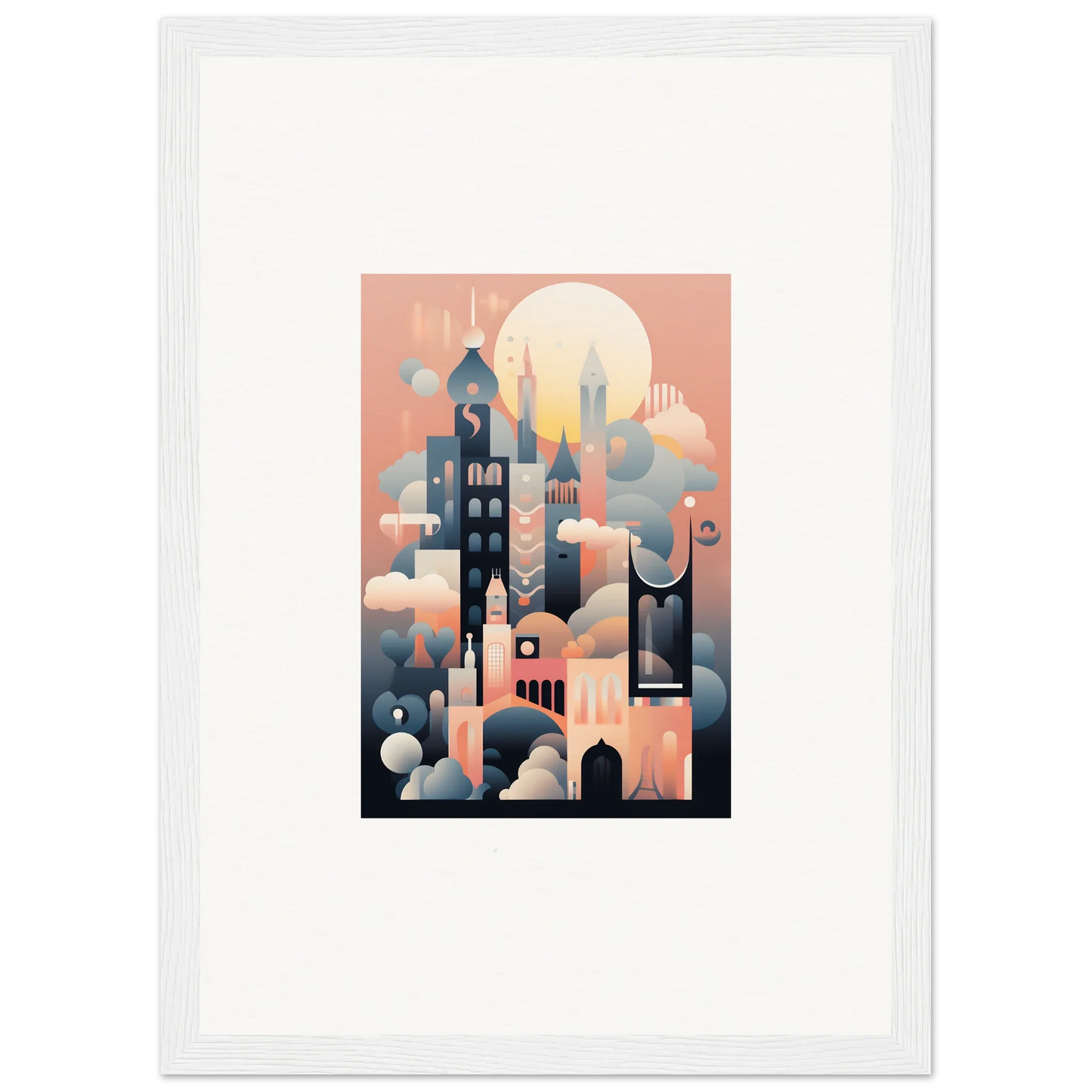 Stylized dreamy cityscape in coral and blue from Ephemeral Castle Whispers art™