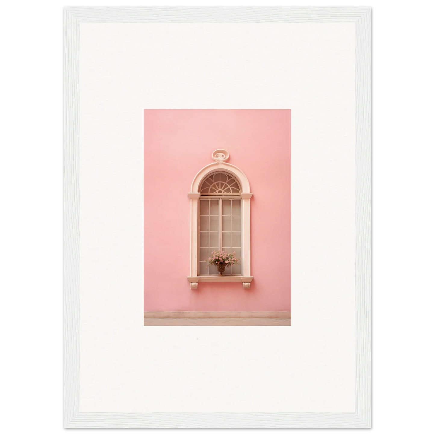 Arched window with ornate details on a pink wall in Pinky Flora Portal framed wall art