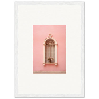 Arched window with ornate details on a pink wall in Pinky Flora Portal framed wall art