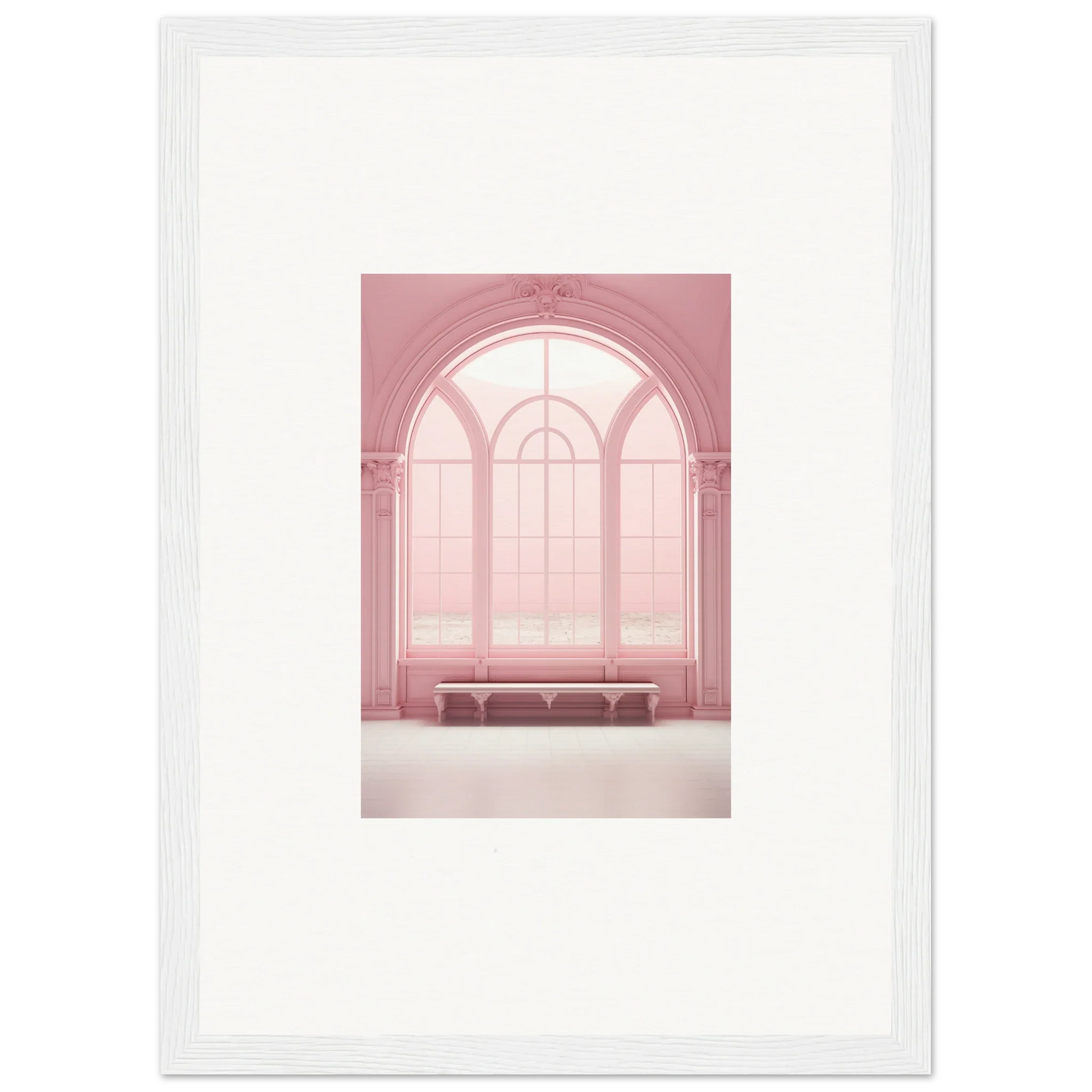 Arched window with soft pink panes in Solitude’s Rosy Asana framed wall art