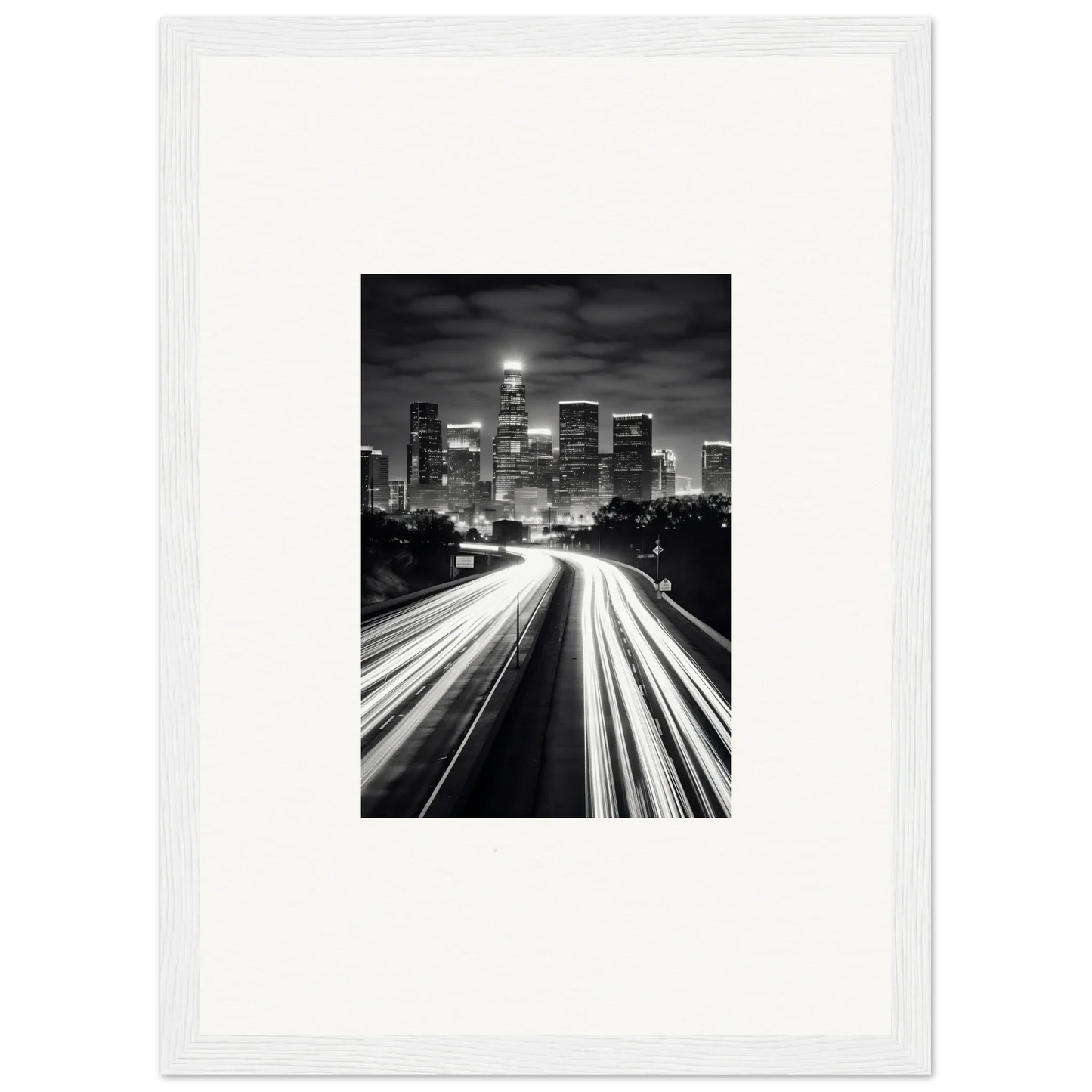 Black and white cityscape with light trails, perfect for framed wall art