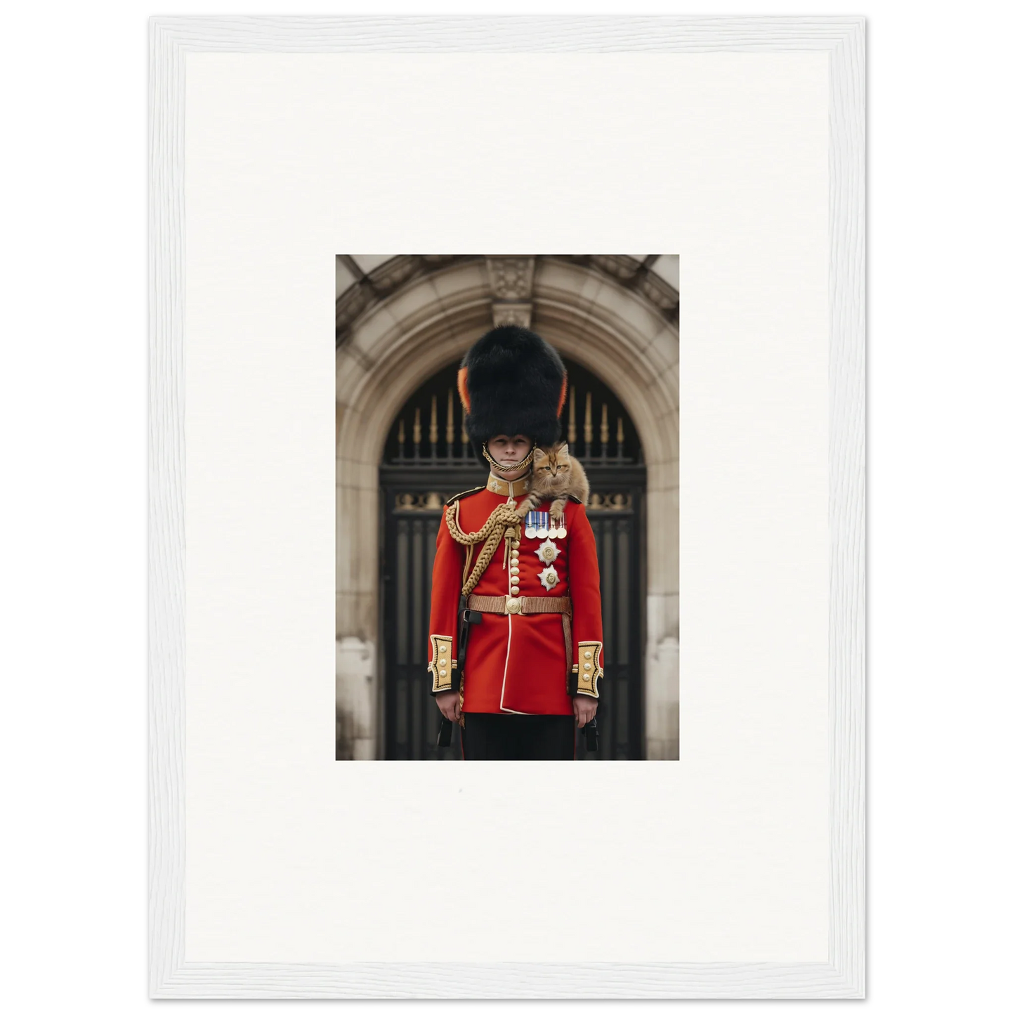 Royal Red Reverie featuring a guard in a red tunic and bearskin hat, perfect for framed wall art