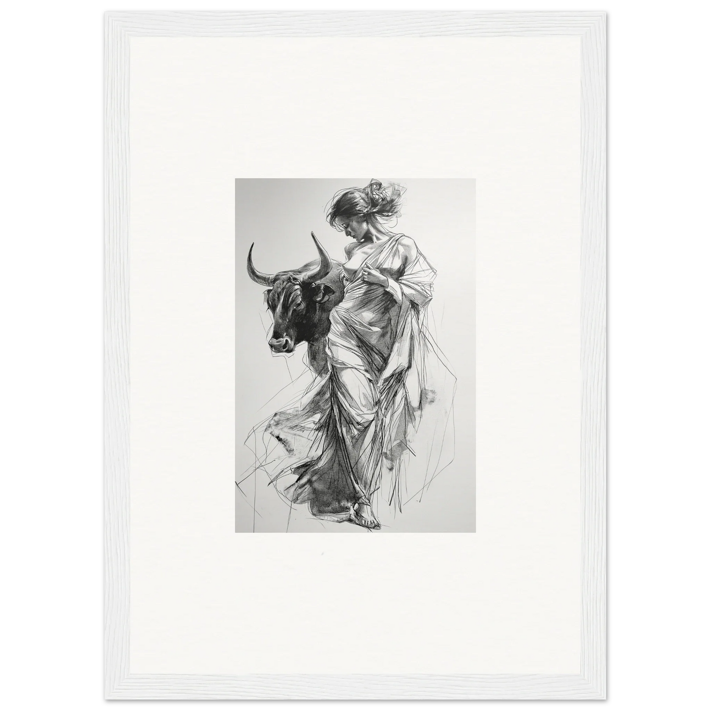 Black and white sketch of a figure in flowing robes and a bull for Splashing Gaze Melds