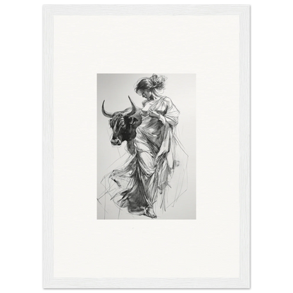 Black and white sketch of a figure in flowing robes and a bull for Splashing Gaze Melds