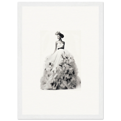 Elegant black and white watercolor figure in gown of petals, Dreams Bloom Eternal art