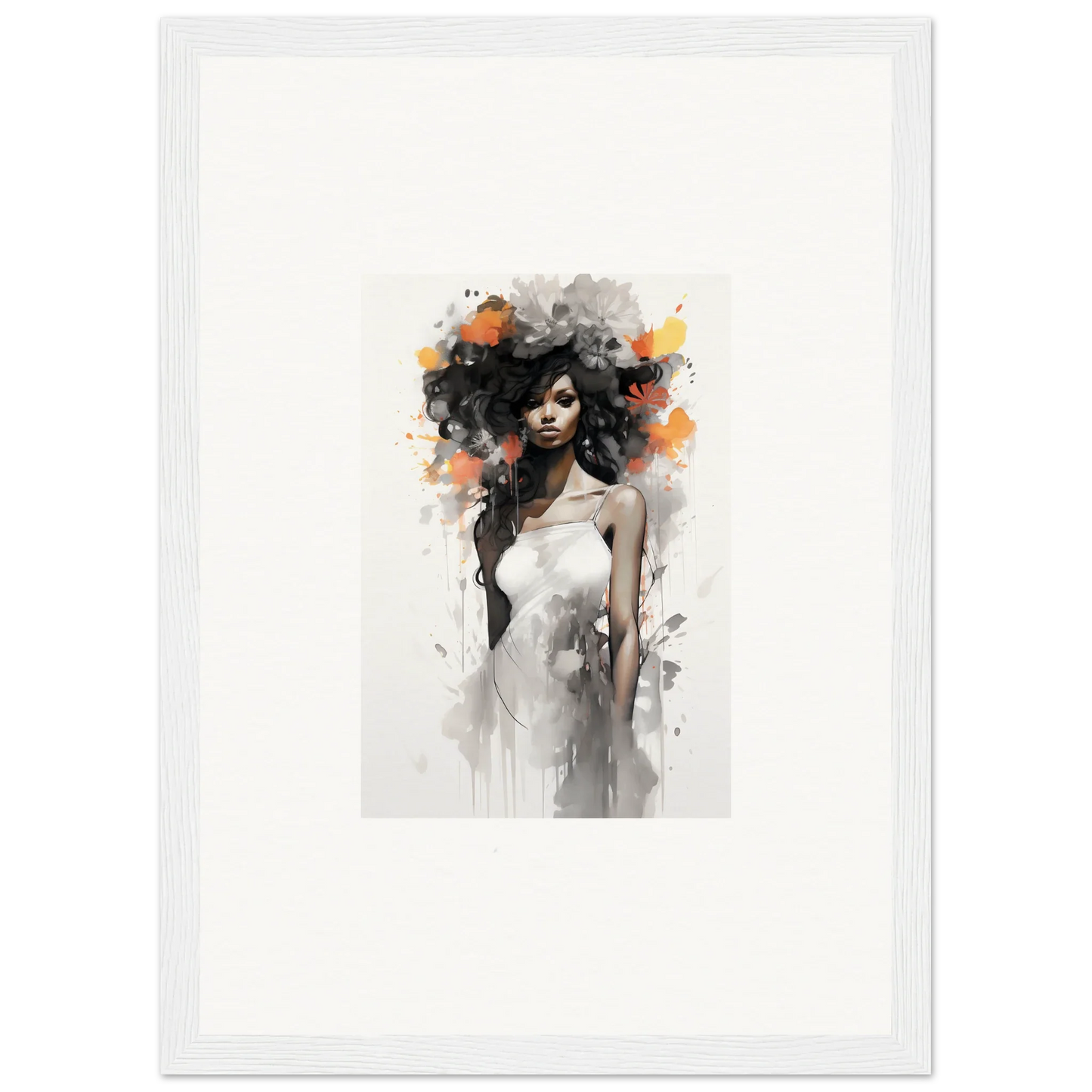 Watercolor portrait of flowing dark hair in a white dress from Ethereal Echoes Blossoms