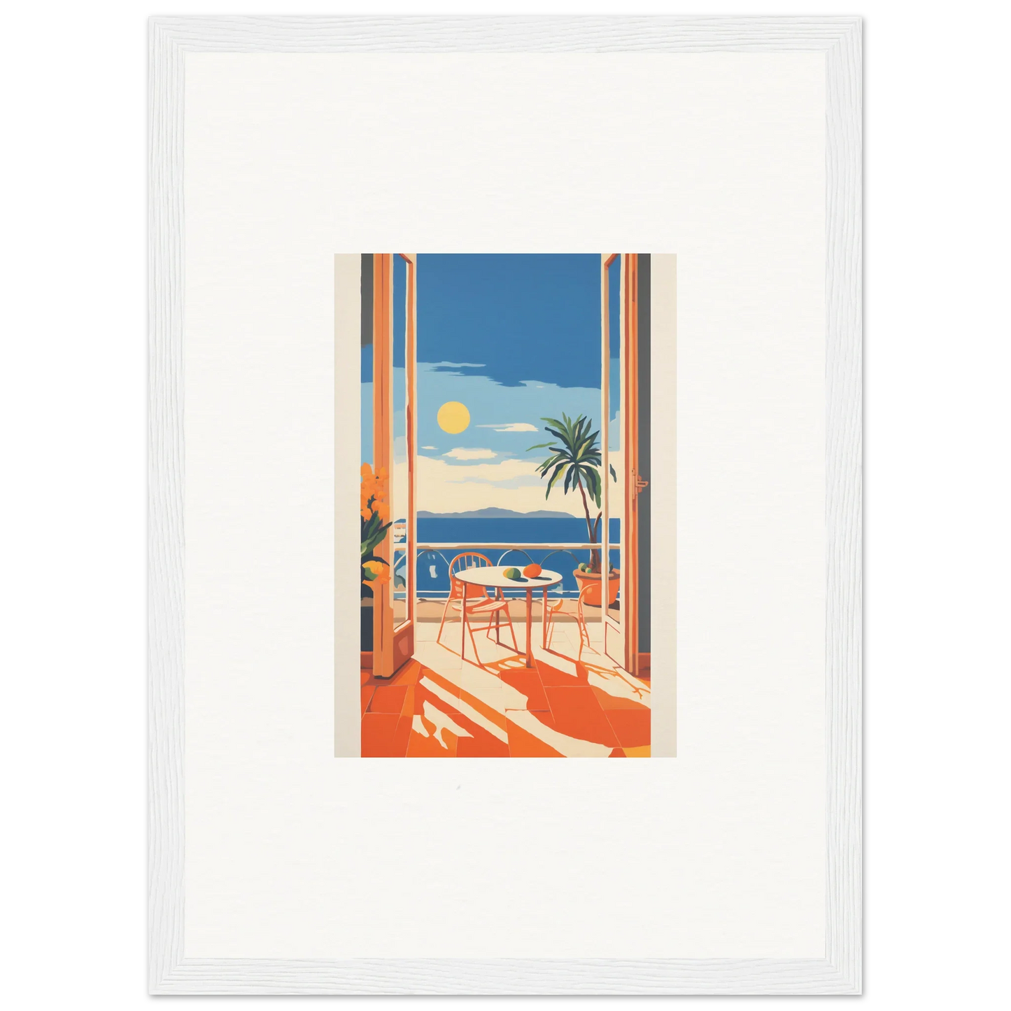 Framed poster of a sunny coastal balcony view for Tranquil Mirage Brunch decor