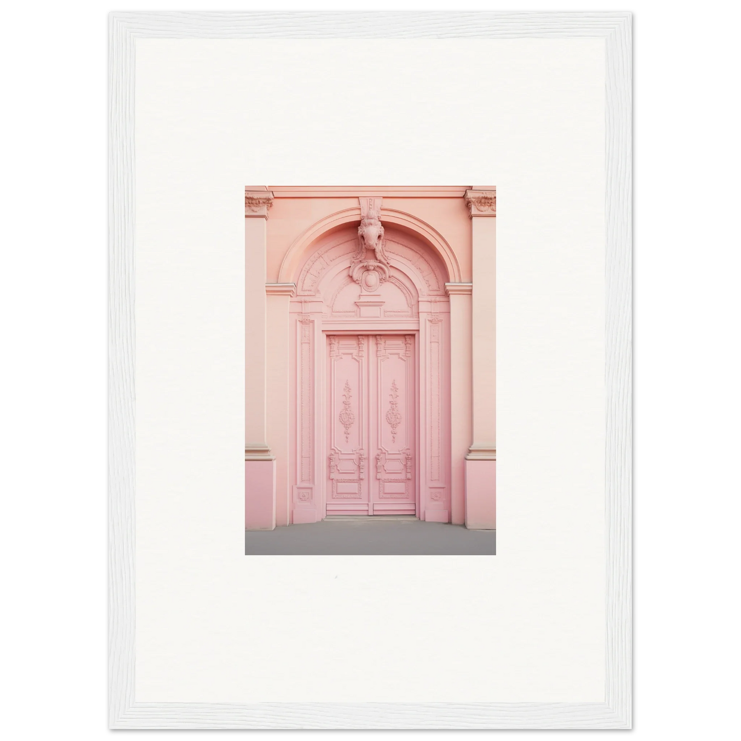 Ornate pink double door in Porphyr Pink Processions with elegant moldings and arch