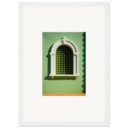 Arched Visible Equilibrium Window features decorative white trim and green metal grating