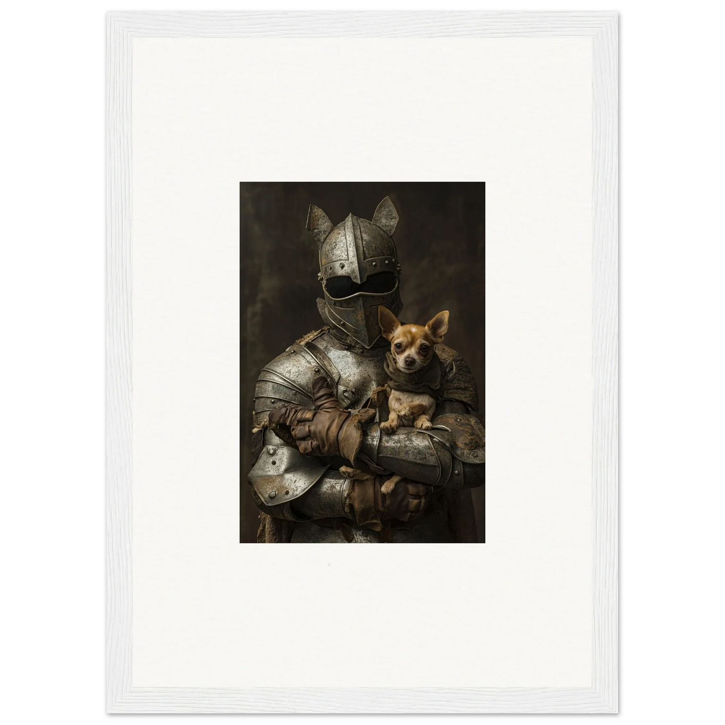 Medieval knight in armor holding Chihuahua, featured in Serene Steel Whispers art