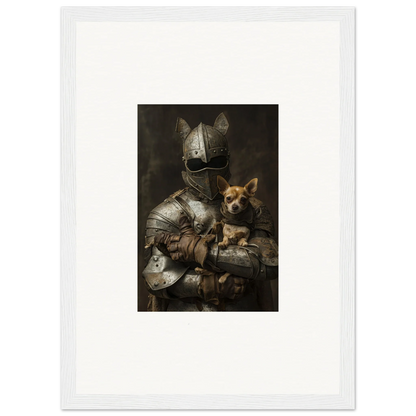 Medieval knight in armor holding Chihuahua, featured in Serene Steel Whispers art