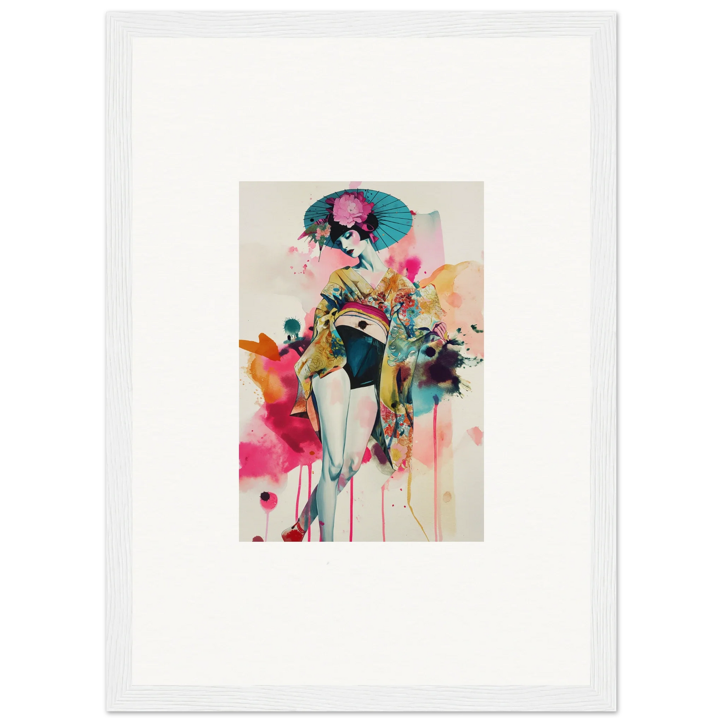 Colorful abstract watercolor wall art featuring a female figure and floral elements for room decoration