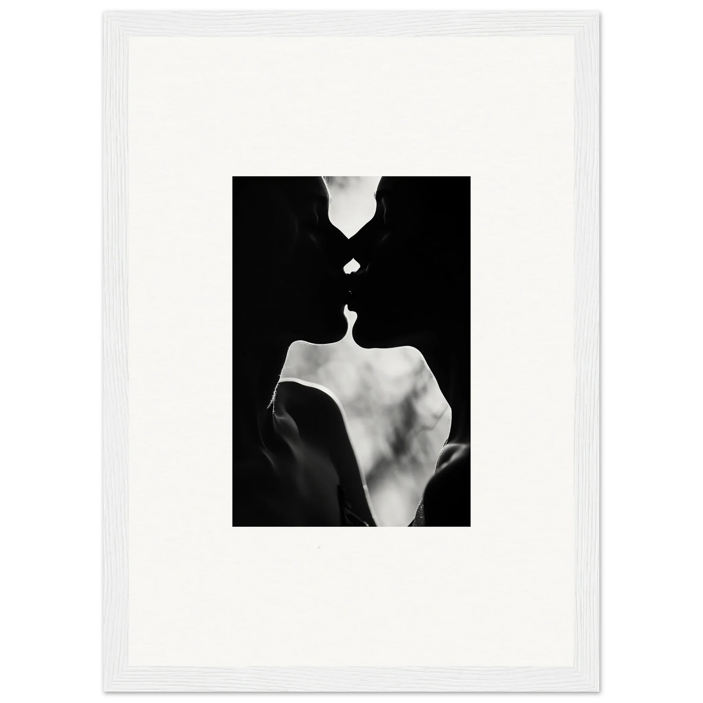 Black and white silhouettes about to kiss in Shadowy Dawn Nuance framed wall art