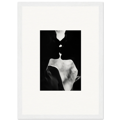 Black and white silhouettes about to kiss in Shadowy Dawn Nuance framed wall art