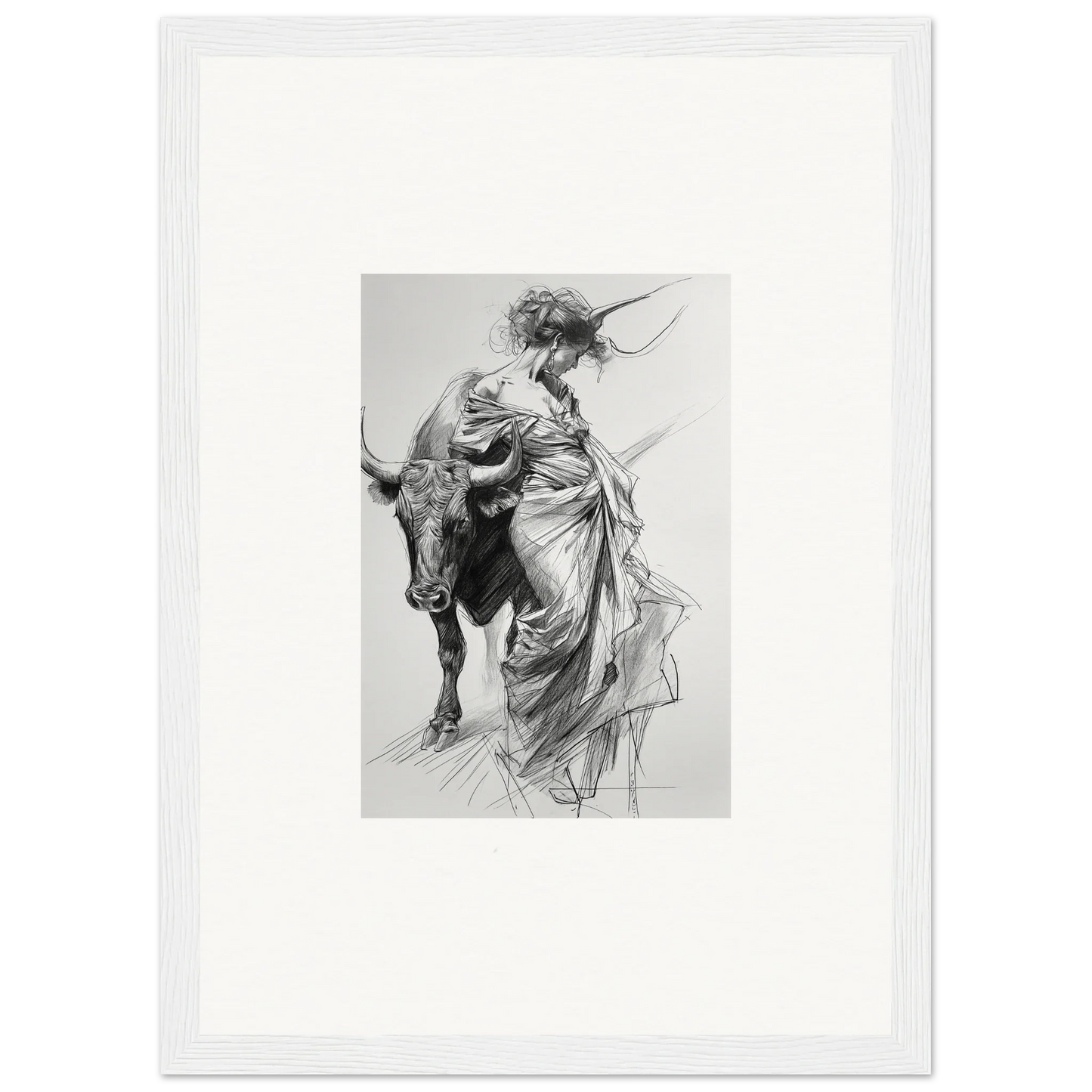 Black and white sketch of a figure in flowing robes with a bull for Dancing Flamenco special edition art™