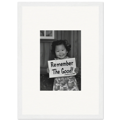 Smiling child with Remember The Good sign in Essence Savor Whispers framed wall art