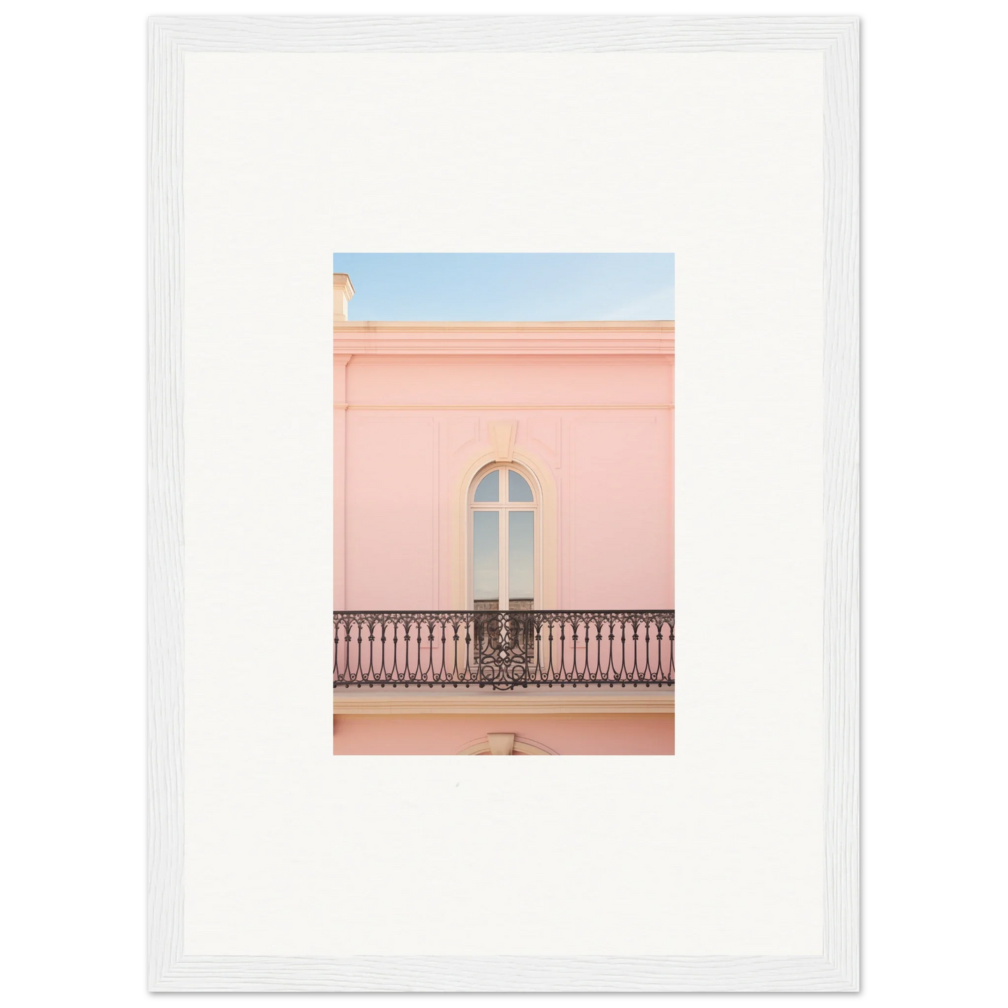 Arched window with iron balcony on Peach Tranquil Portal framed wall art