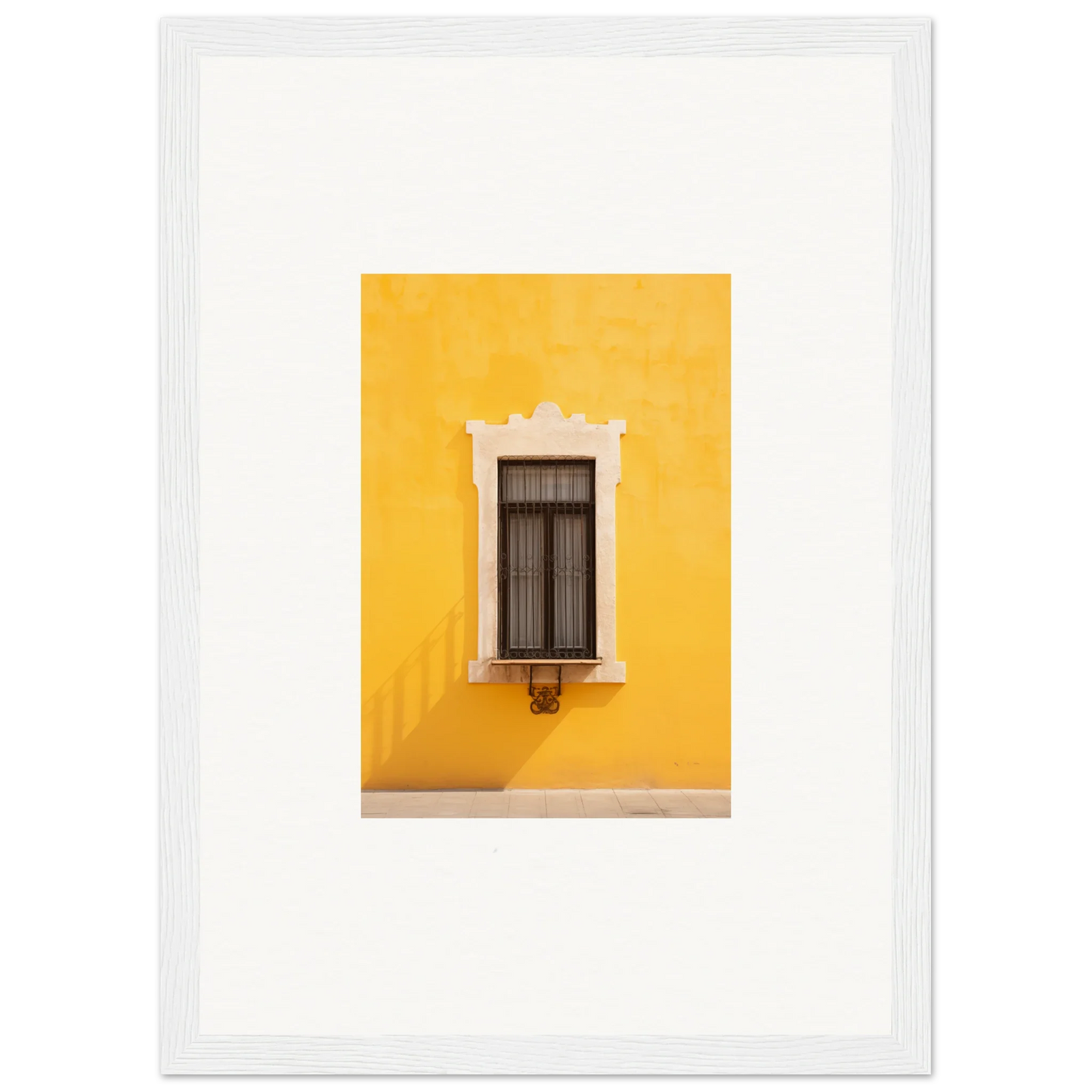 Ornate white-trimmed window on a vibrant yellow wall from Window’s Giallo Reverie