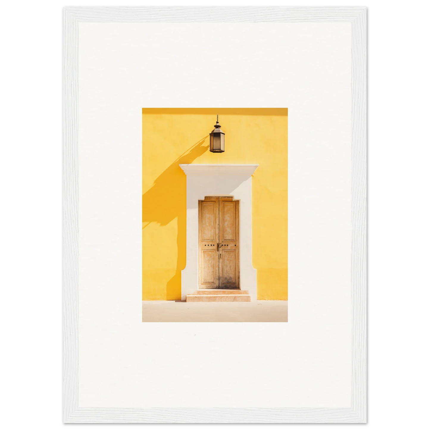 Wooden door on a yellow wall with lantern, part of Golden Hue Portal framed wall art