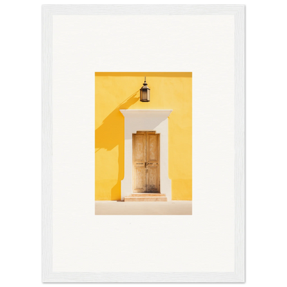 Wooden door on a yellow wall with lantern, part of Golden Hue Portal framed wall art