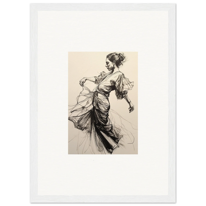 Elegant black and white sketch of a woman in flowing dress for Midnight Dance Whispers