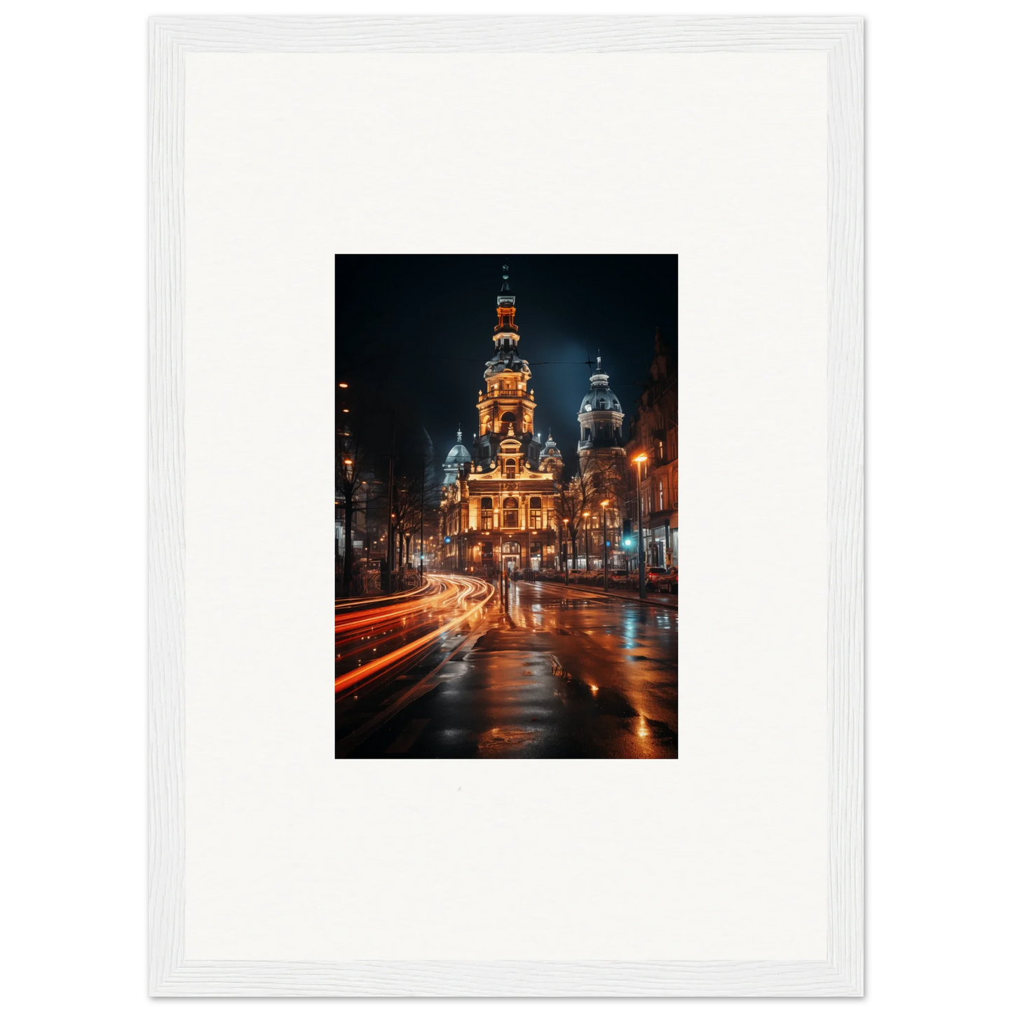 Illuminated historic church at night, featured in Midnight Highway Mirage special edition art™