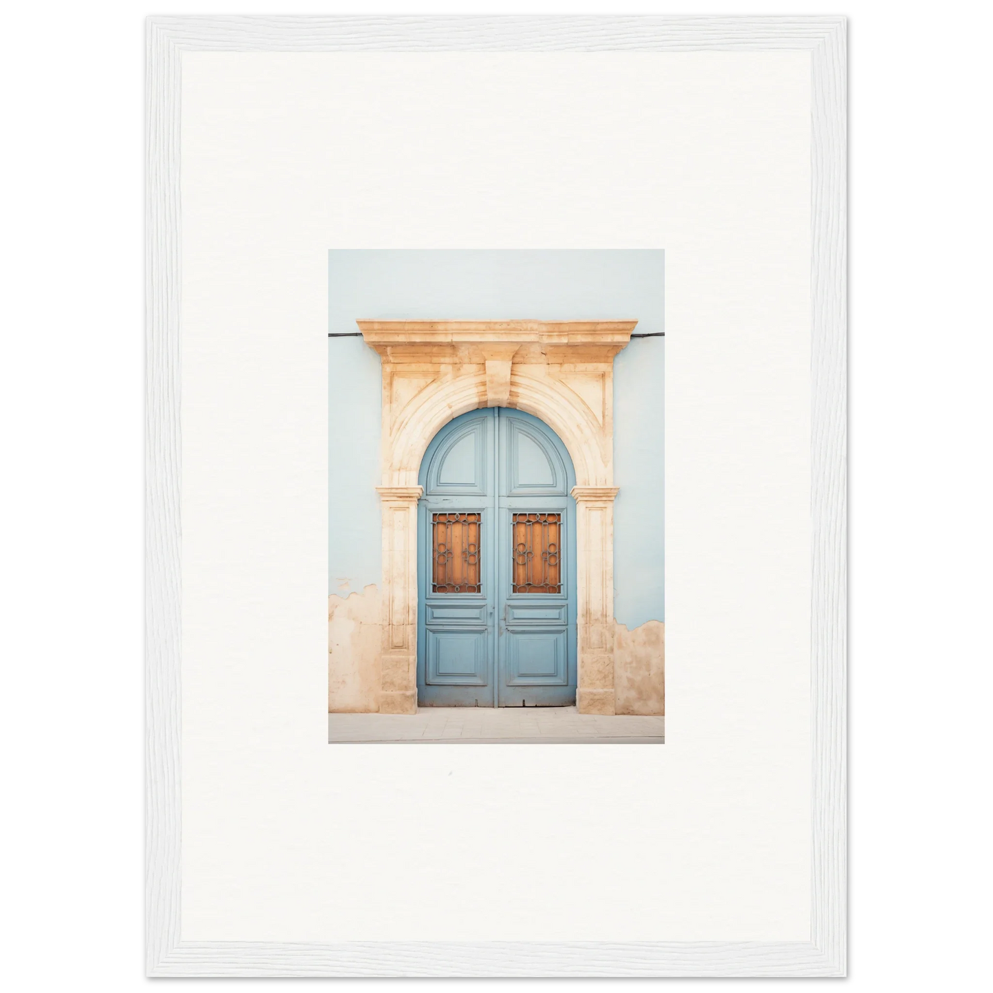 Light blue double door with ornate archway in premium framed wall art from Threshold of Echoes