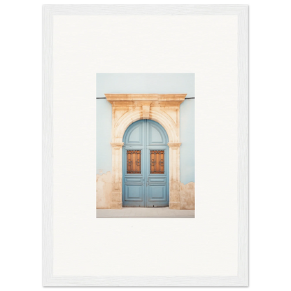 Light blue double door with ornate archway in premium framed wall art from Threshold of Echoes