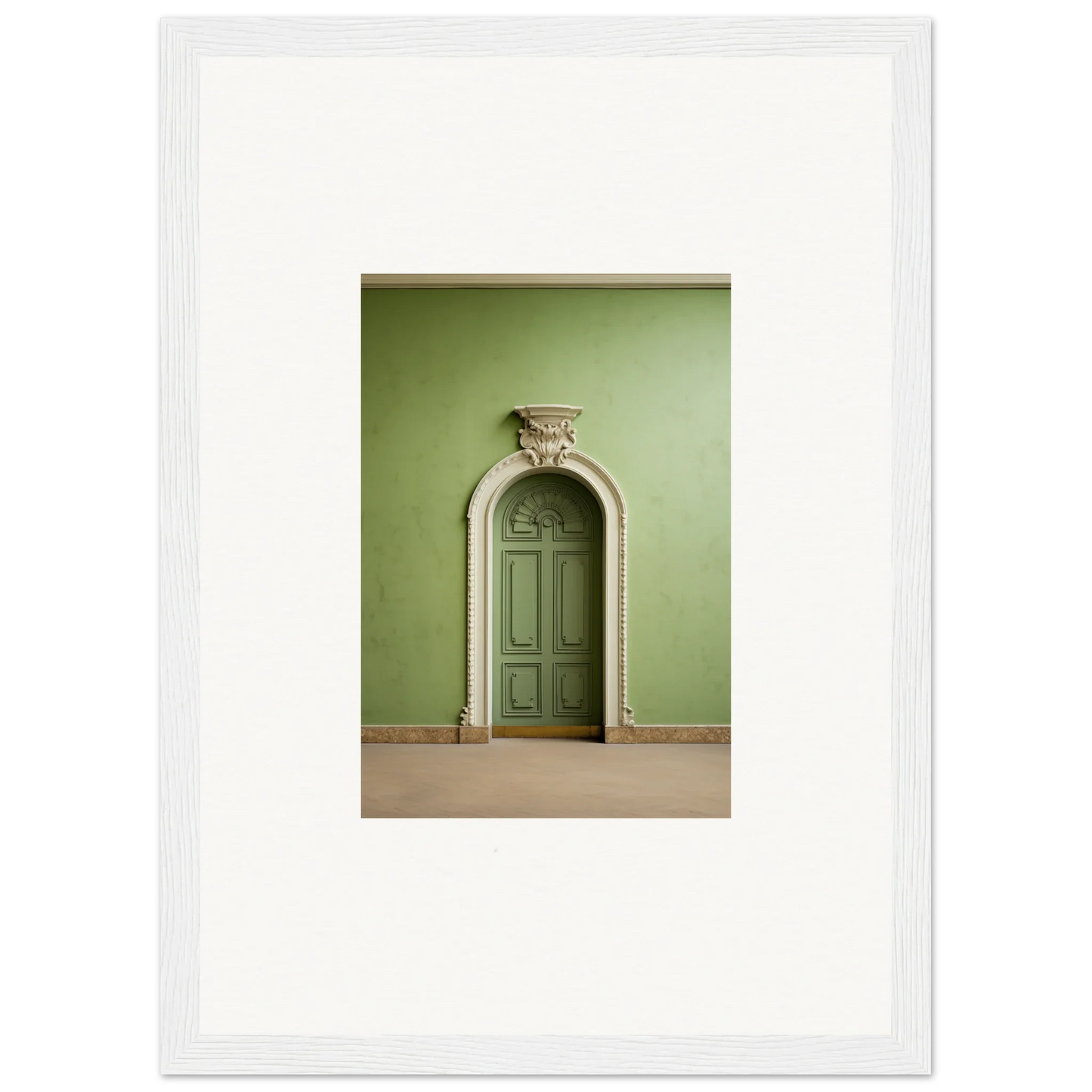 Ornate green door and carved stonework in Verdant Illusion Sphere framed wall art