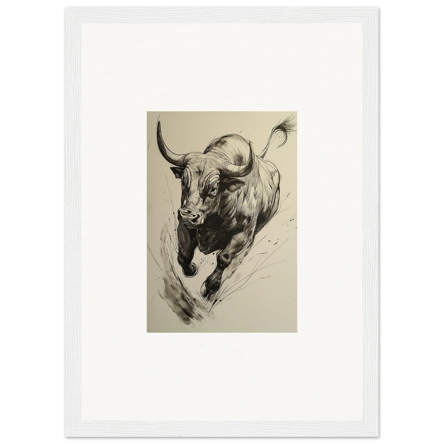 Charging bull in striking black and white for a special edition art™ called Ebullient Storm Release