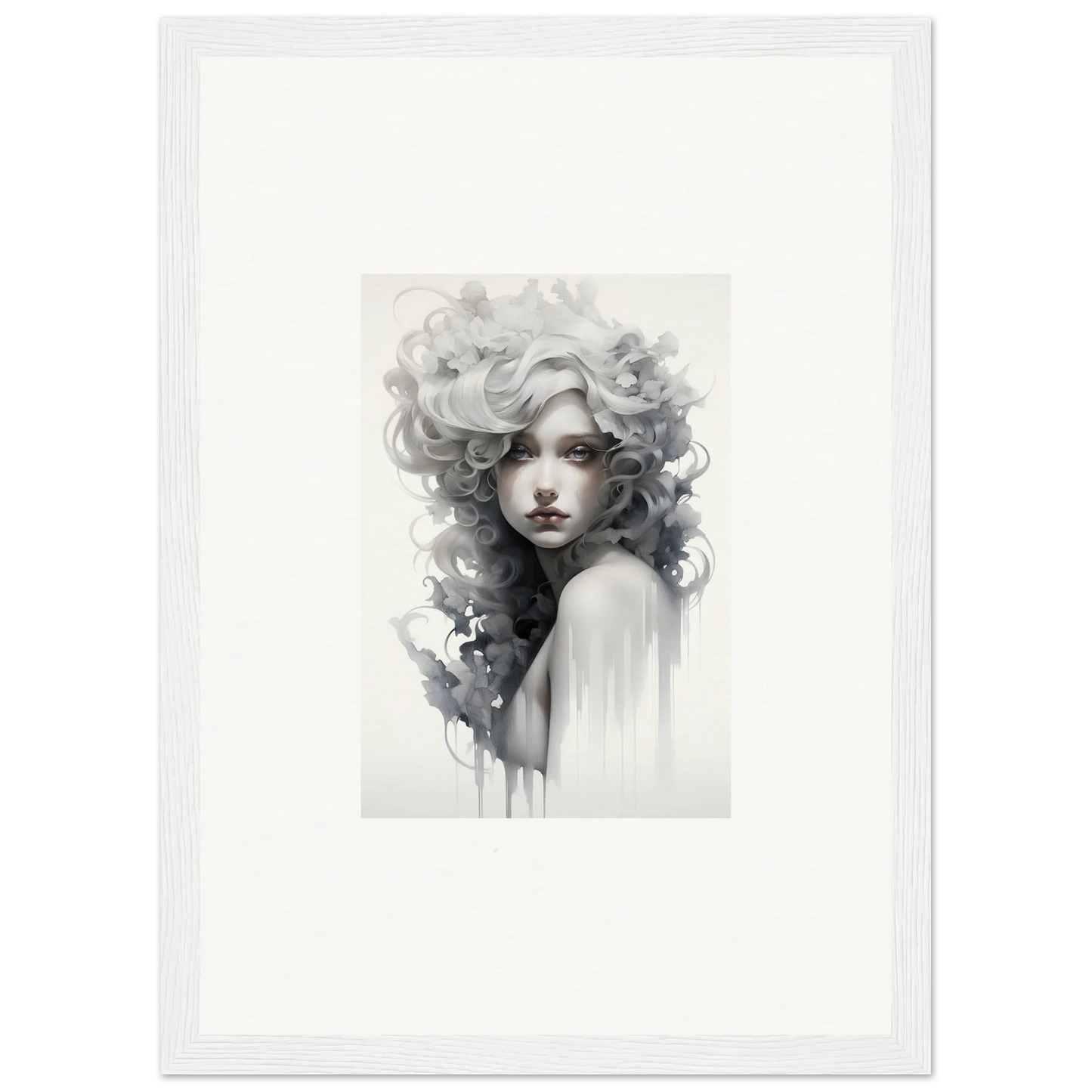 Black and white artistic portrait with flowing curls and watercolor in Visions Veil Morphling