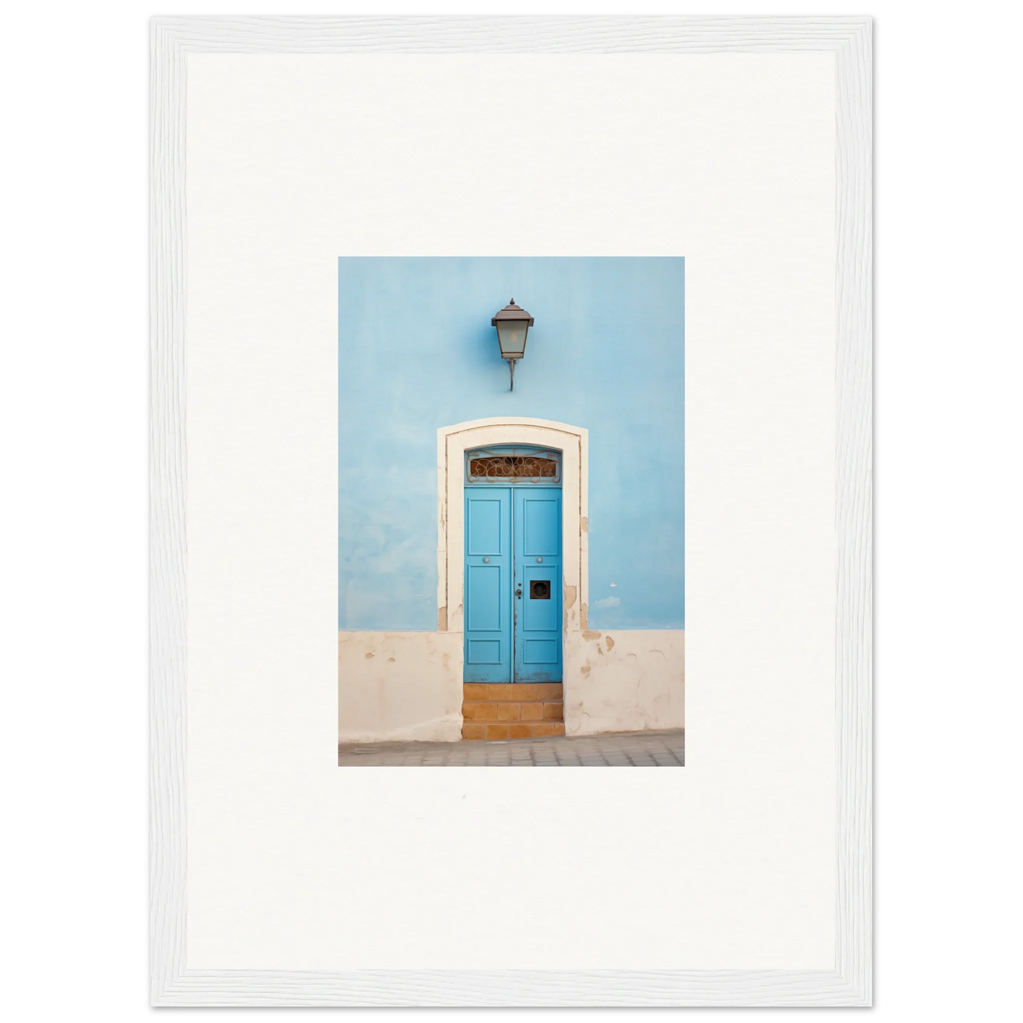 Bright blue wooden door with white trim and lamp in Surreal Azure Vesaurrezz framed wall art