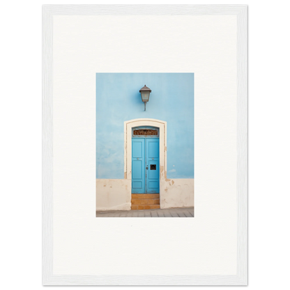 Bright blue wooden door with white trim and lamp in Surreal Azure Vesaurrezz framed wall art