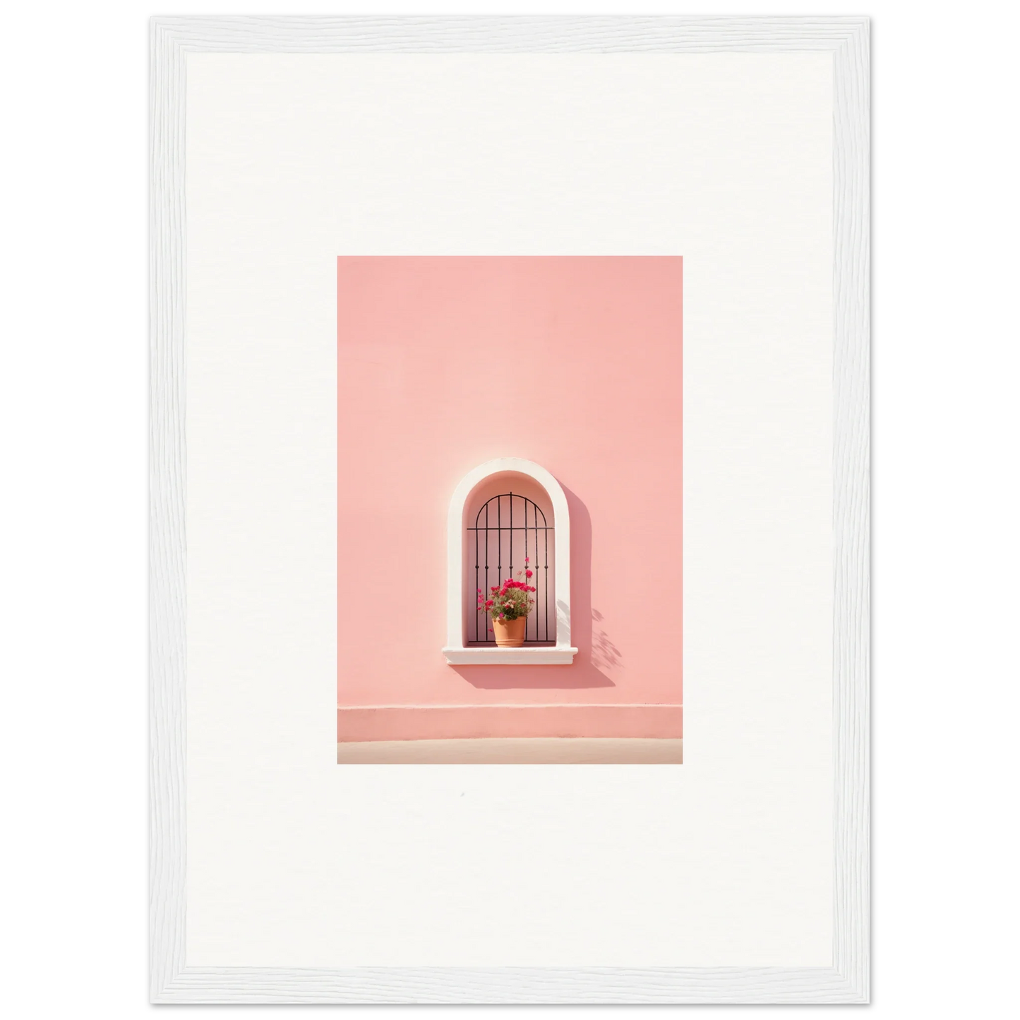 Arched window with decorative bars and potted flower on a pink wall for Sunset Silhouette Romance