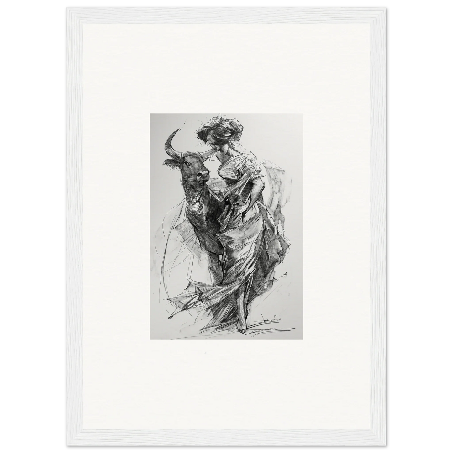 Black and white sketch of a matador with cape facing a bull in Ebullient Abstract Liaisons