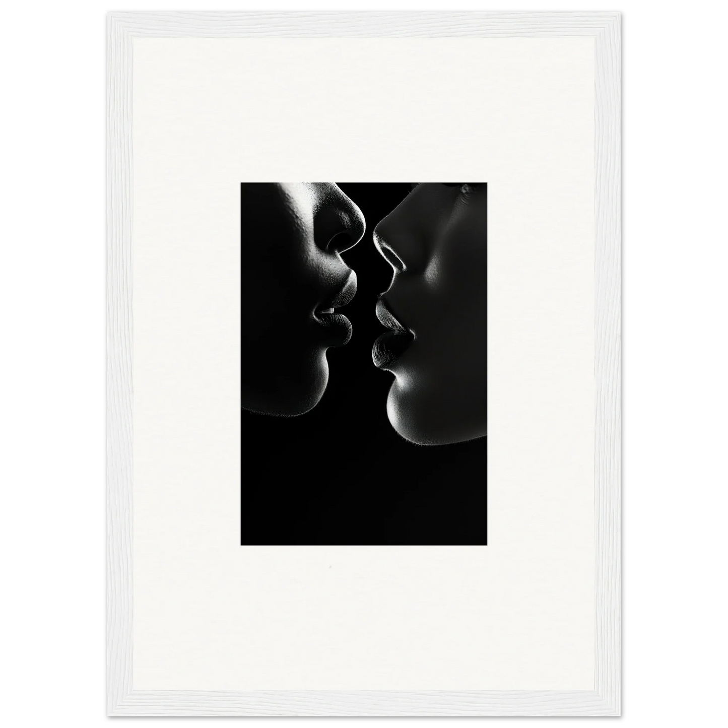 Silhouetted profiles in an intimate moment, part of Midnight Kiss Darkness framed wall art