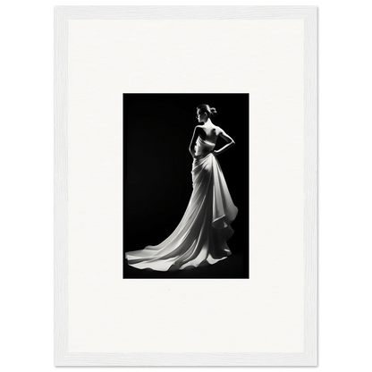 Black and white photo of graceful evening gown highlighting Ephemeral Grayscale Elegance