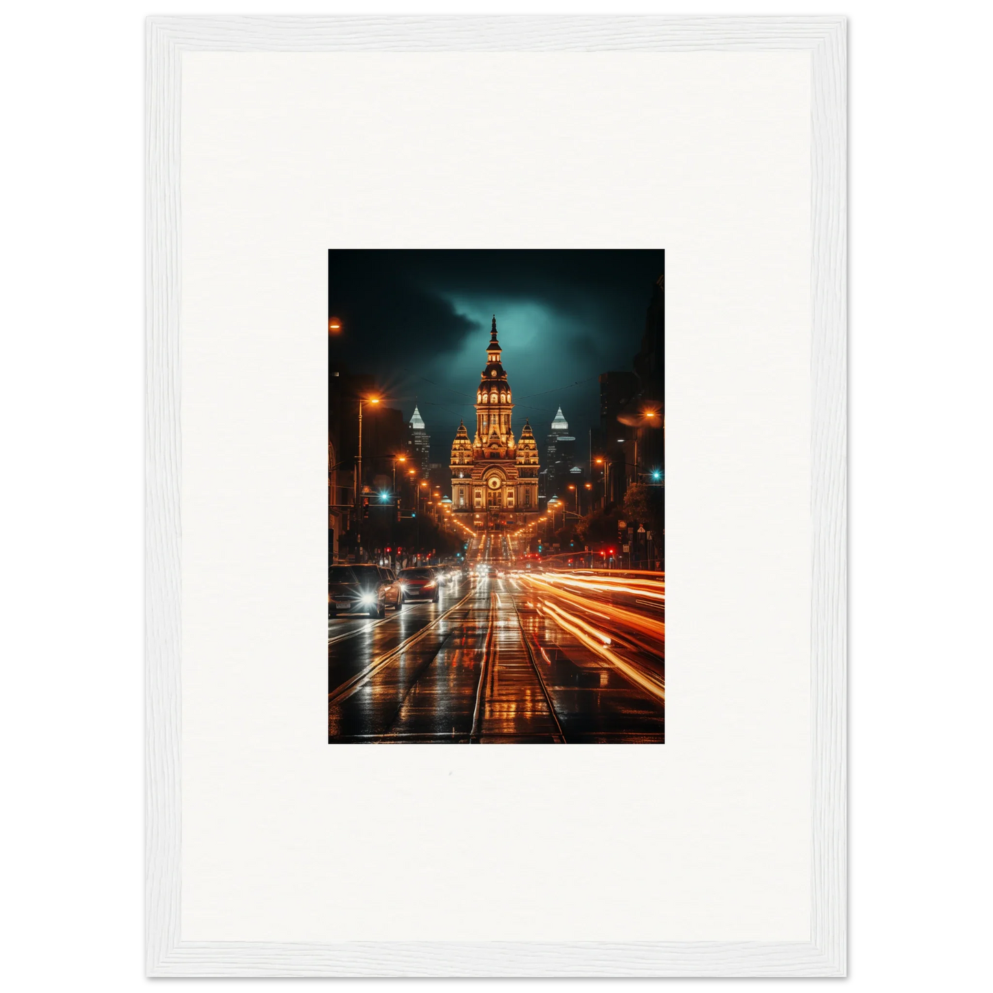 Illuminated Gothic building with traffic light trails in Radiant Urban Reverie art print