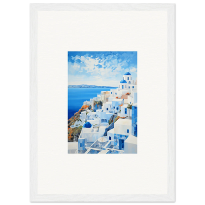 Framed watercolor painting of Santorini’s white buildings in a premium framed wall art