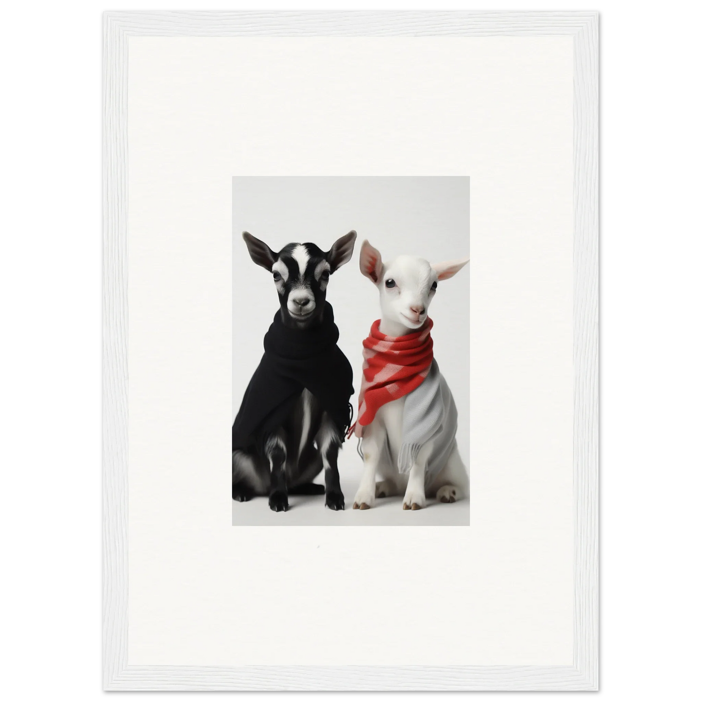 Two goats, one black and one white in red bandana, from Rainbow Twin Dreams framed wall art